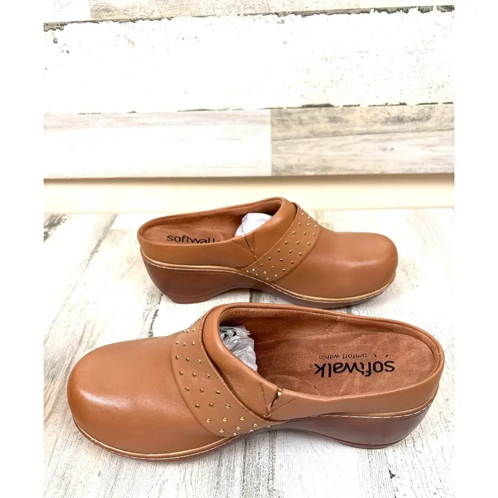 SoftWalk Marana Mule Clogs Womens 9W Tan Leather Studded Comfort Shoes